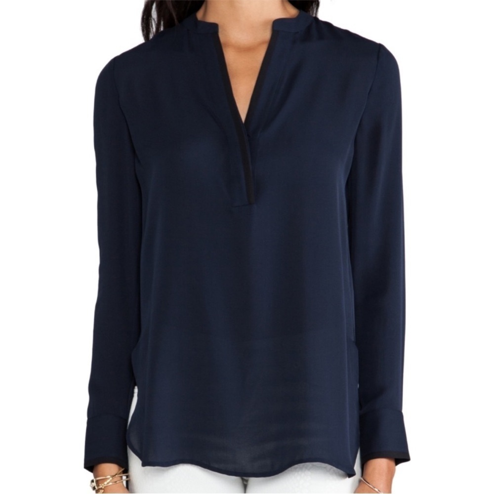 Vince Coastal Blue 100% Silk Satin Split Neck Blouse Black Trim Size 2 NWT $295